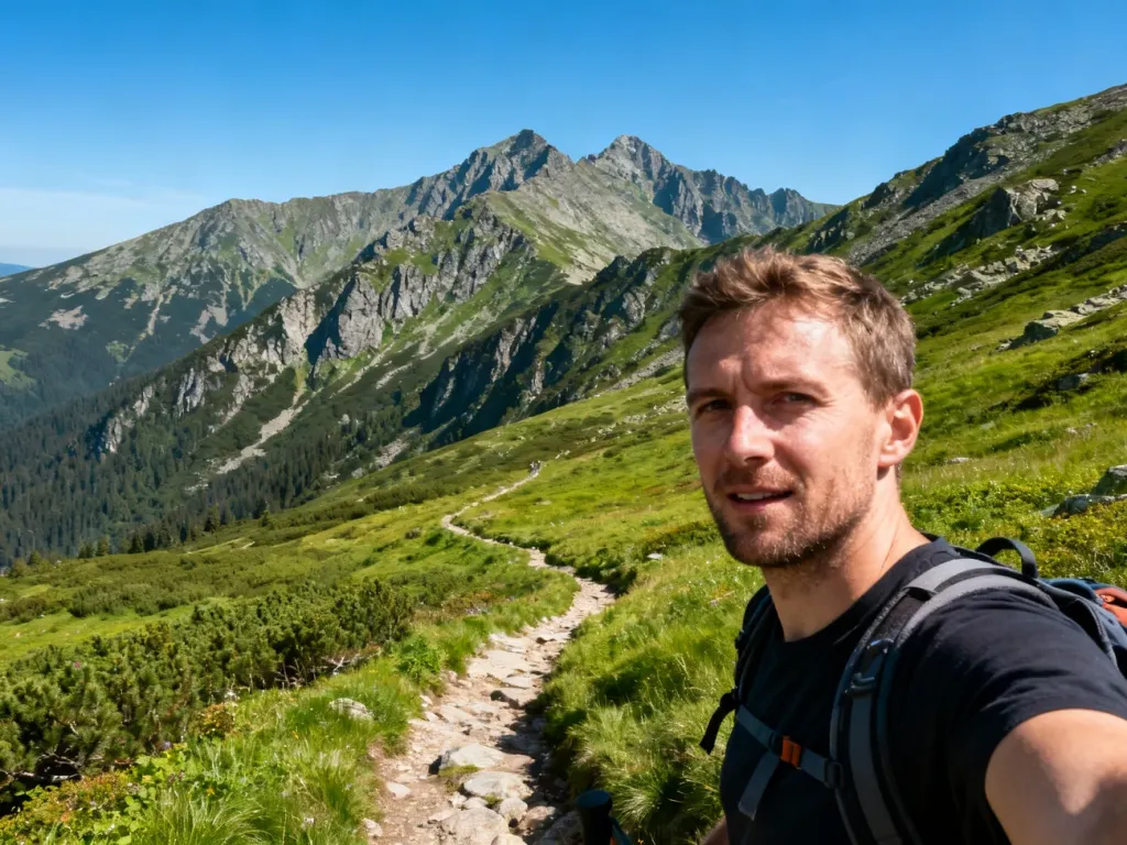 Turysta wędrujący szlakiem w Karkonoszach z widokiem na malownicze górskie szczyty i zielone hale.