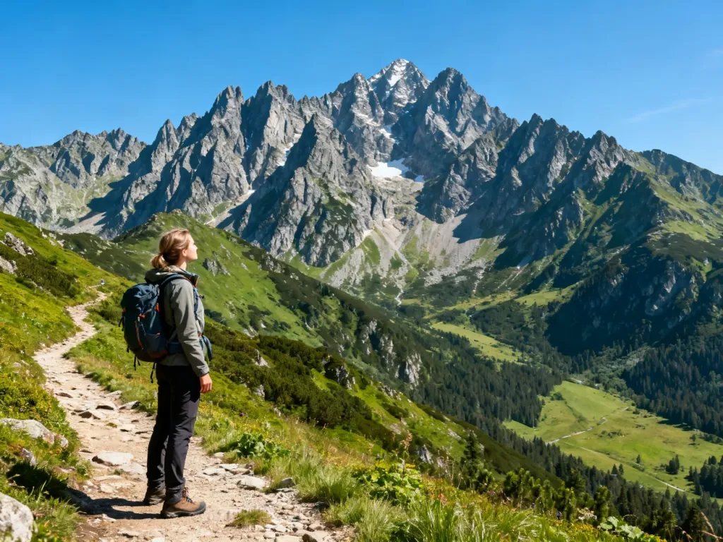 Turystka w stroju trekkingowym podziwia panoramę Tatr Wysokich podczas wędrówki słowackim szlakiem.