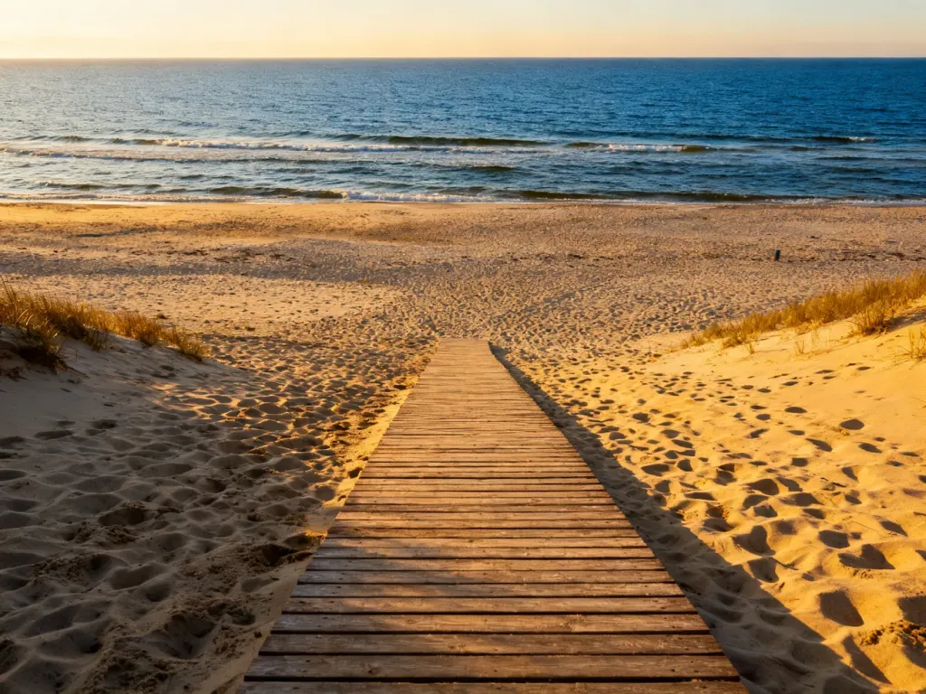 Widok z góry na piaszczystą plażę w Chłopach z drewnianym pomostem prowadzącym w stronę spokojnego Bałtyku o zachodzie słońca.