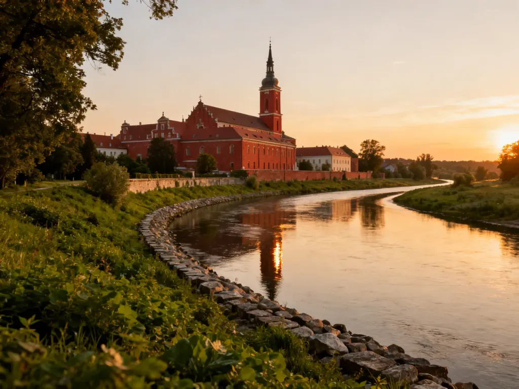 Historyczny klasztor paulinów w Wieruszowie nad brzegiem Prosny w blasku zachodzącego słońca.