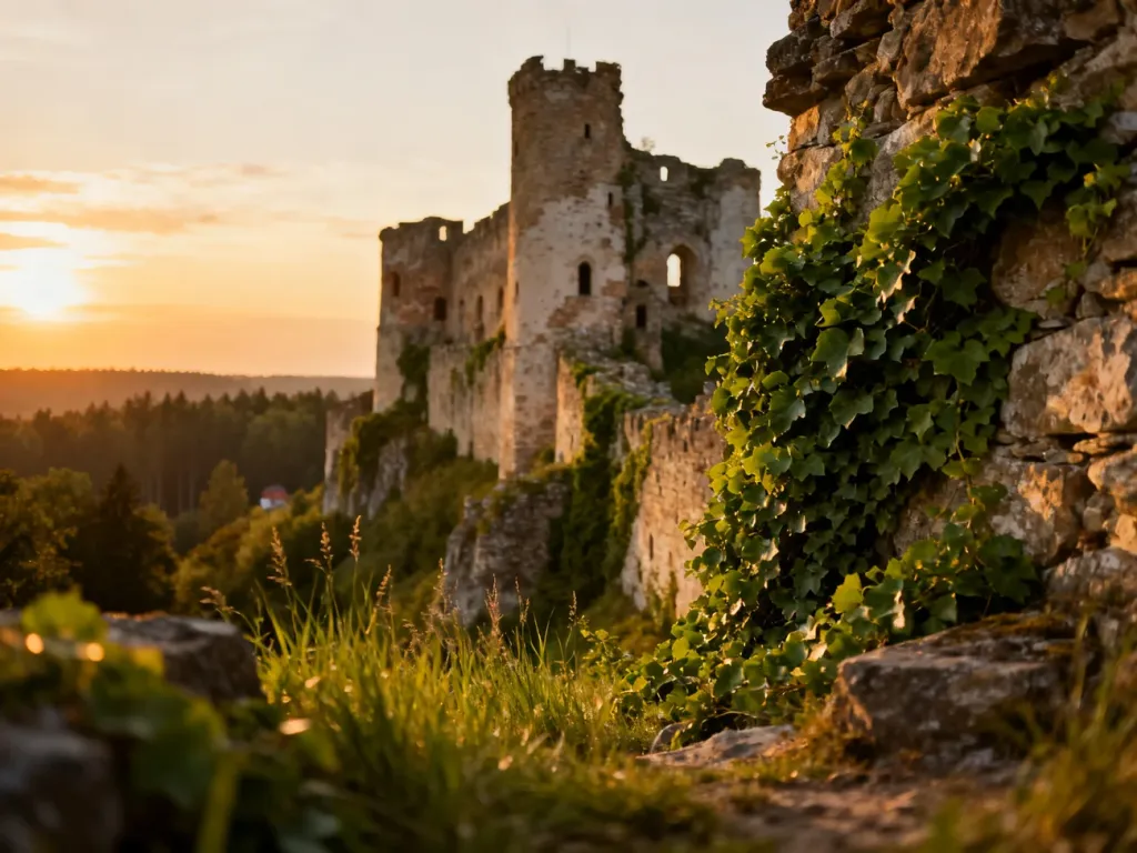 Majestatyczne ruiny średniowiecznego zamku w Olsztynie o zachodzie słońca, otoczone zielenią i lasem.