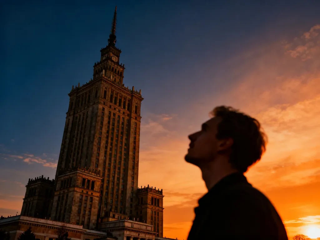 Pałac Kultury i Nauki w Warszawie o zachodzie słońca, widziany z perspektywy przechodnia patrzącego w górę na iglicę.